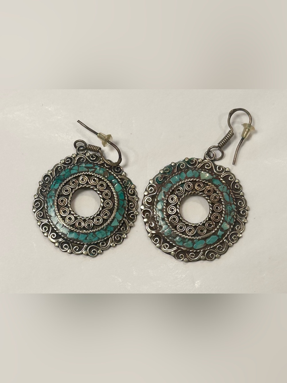 Turquoise Inlay Silver Tone Filigree Dangle Earrings